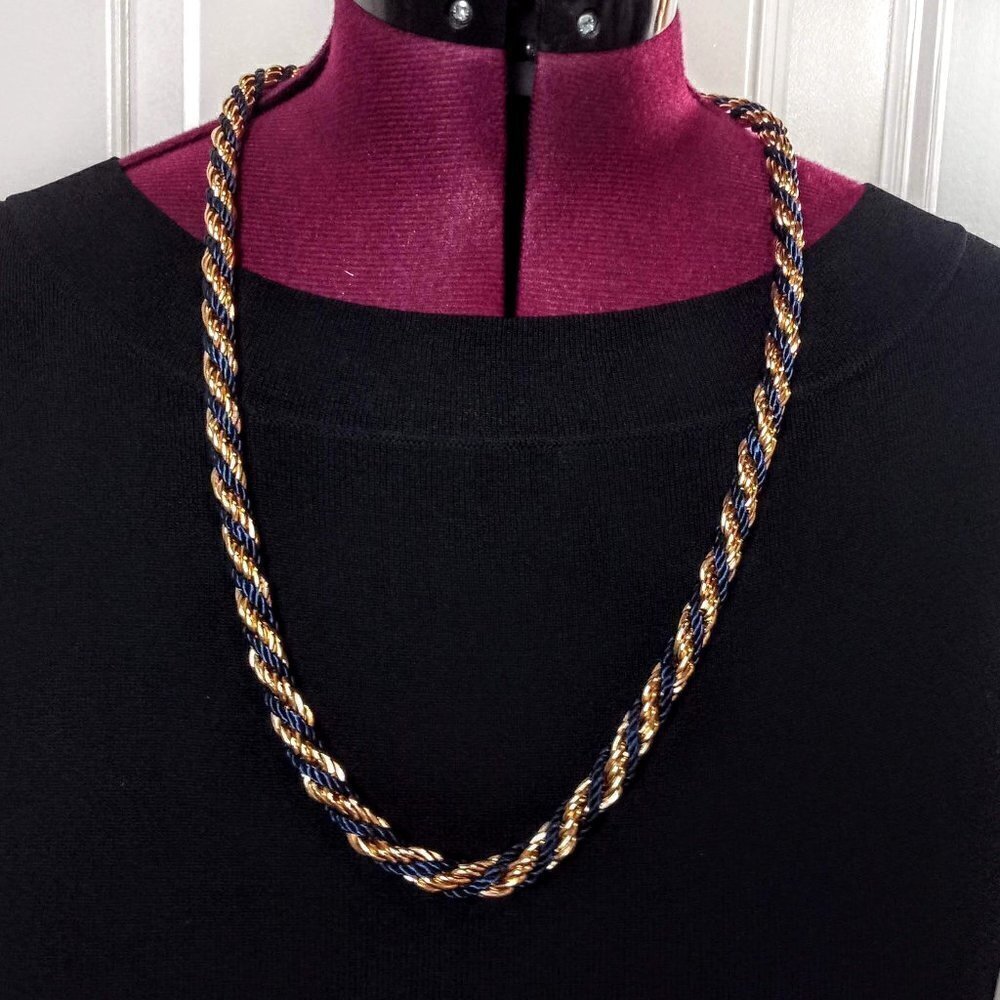 Gold Finish & Navy Blue Silk Cord Twist Necklace